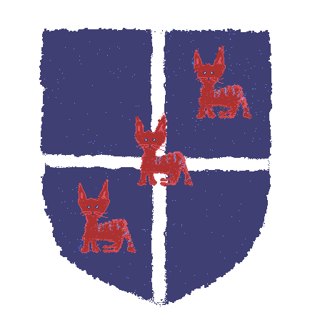 Azure, a cross Argent, over all in bend sinister three Giancarlos in splendour sejant guardant Sanguine